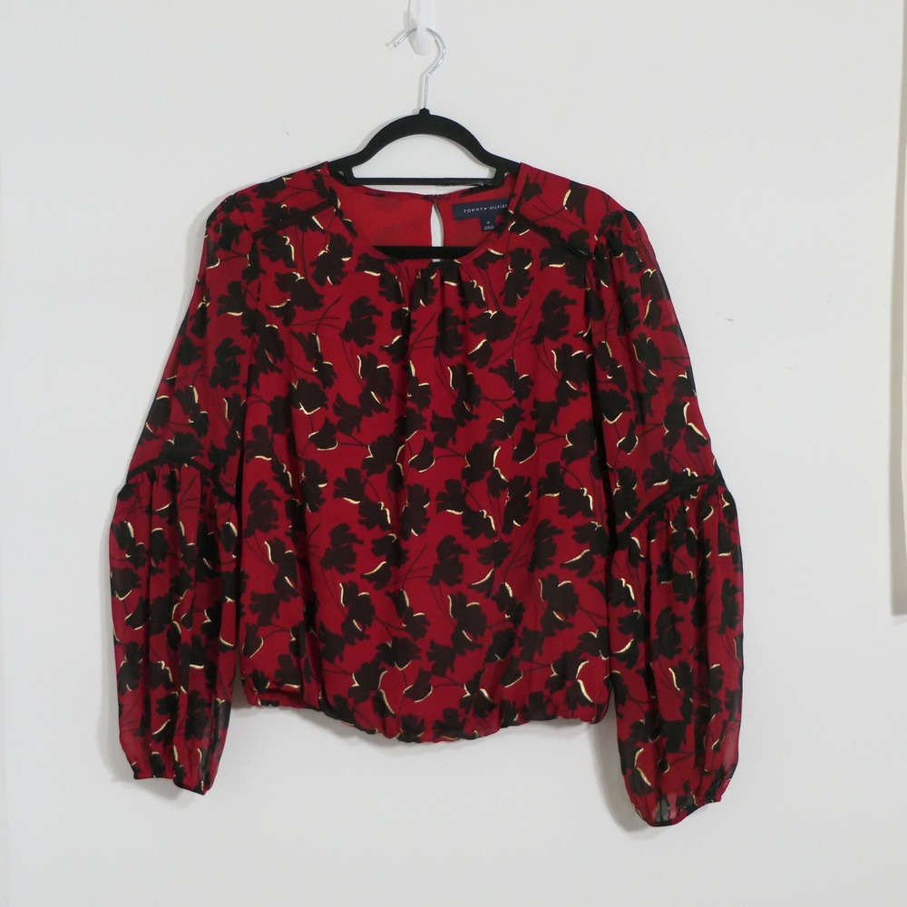 Tommy Hilfiger Womens Blouse M Red Floral Metallic Balloon Sleeve Boho Elegant